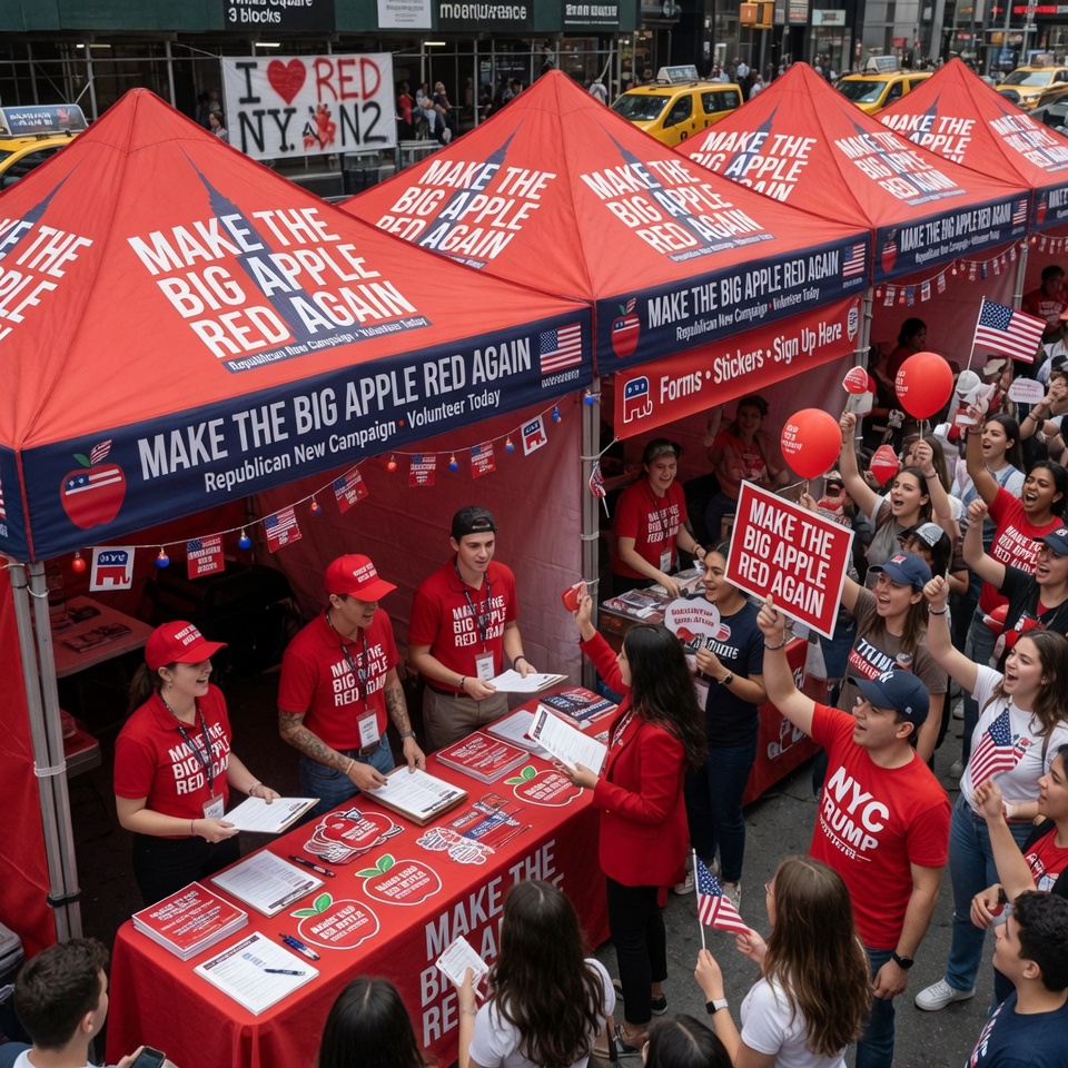 Volunteer outreach tents branded Make Big Apple Red Again with Republican Party of New York signage.
