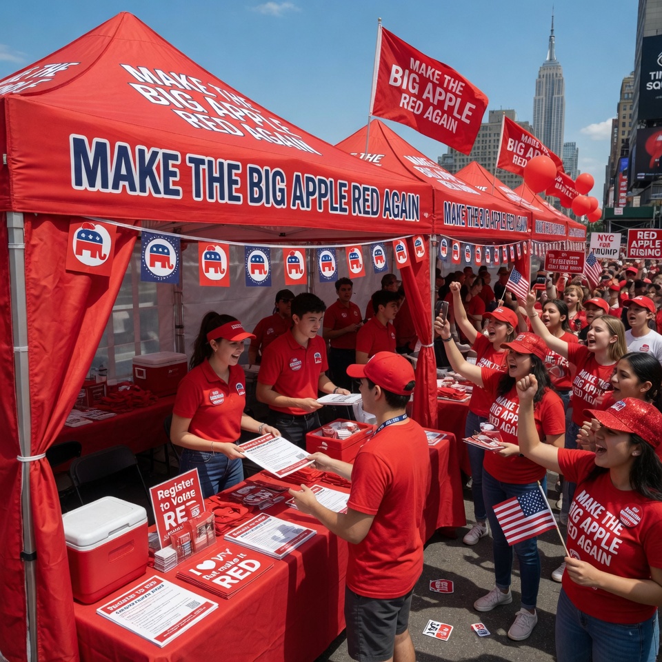 Brooklyn GOP volunteers in red MBARA shirts registering supporters.